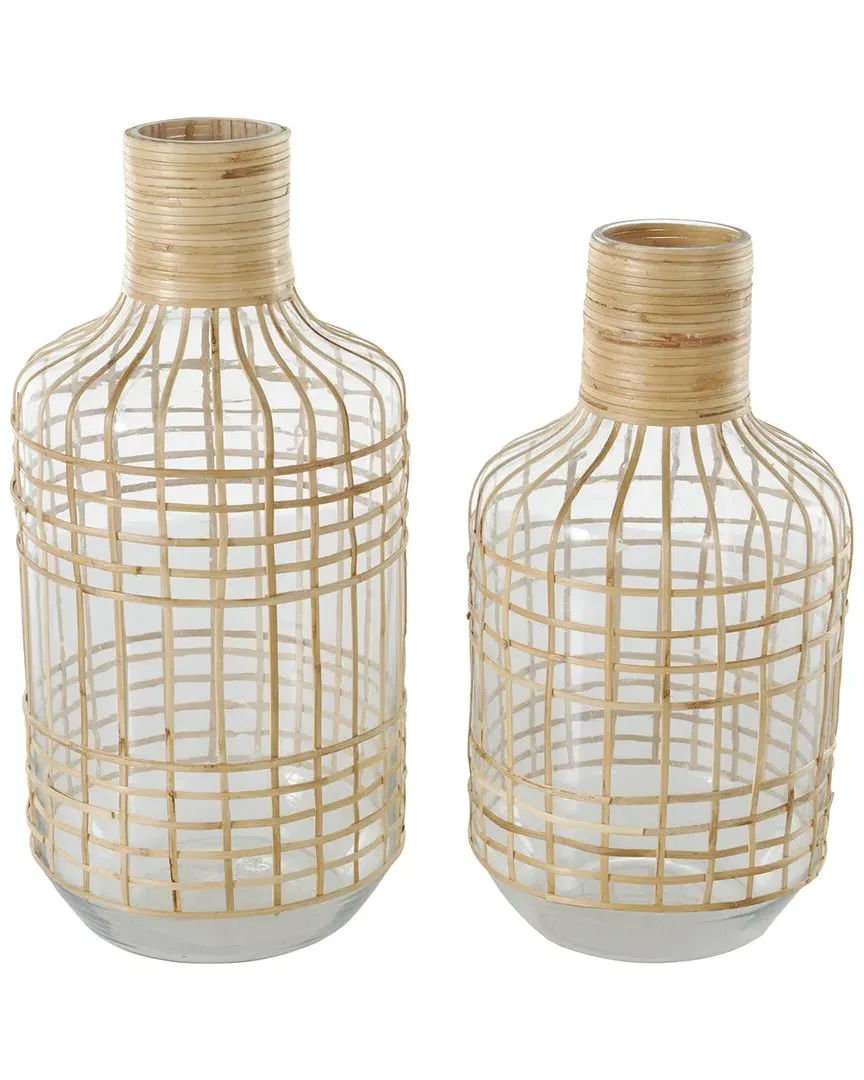 Set of 2 Clear Glass Rattan Wrapped Vases