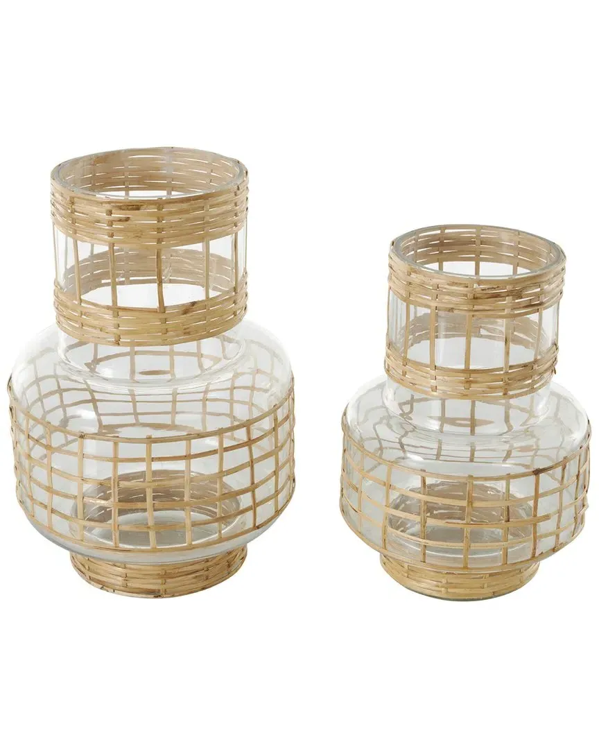 Set of 2 Clear Glass Rattan Wrapped Vases image