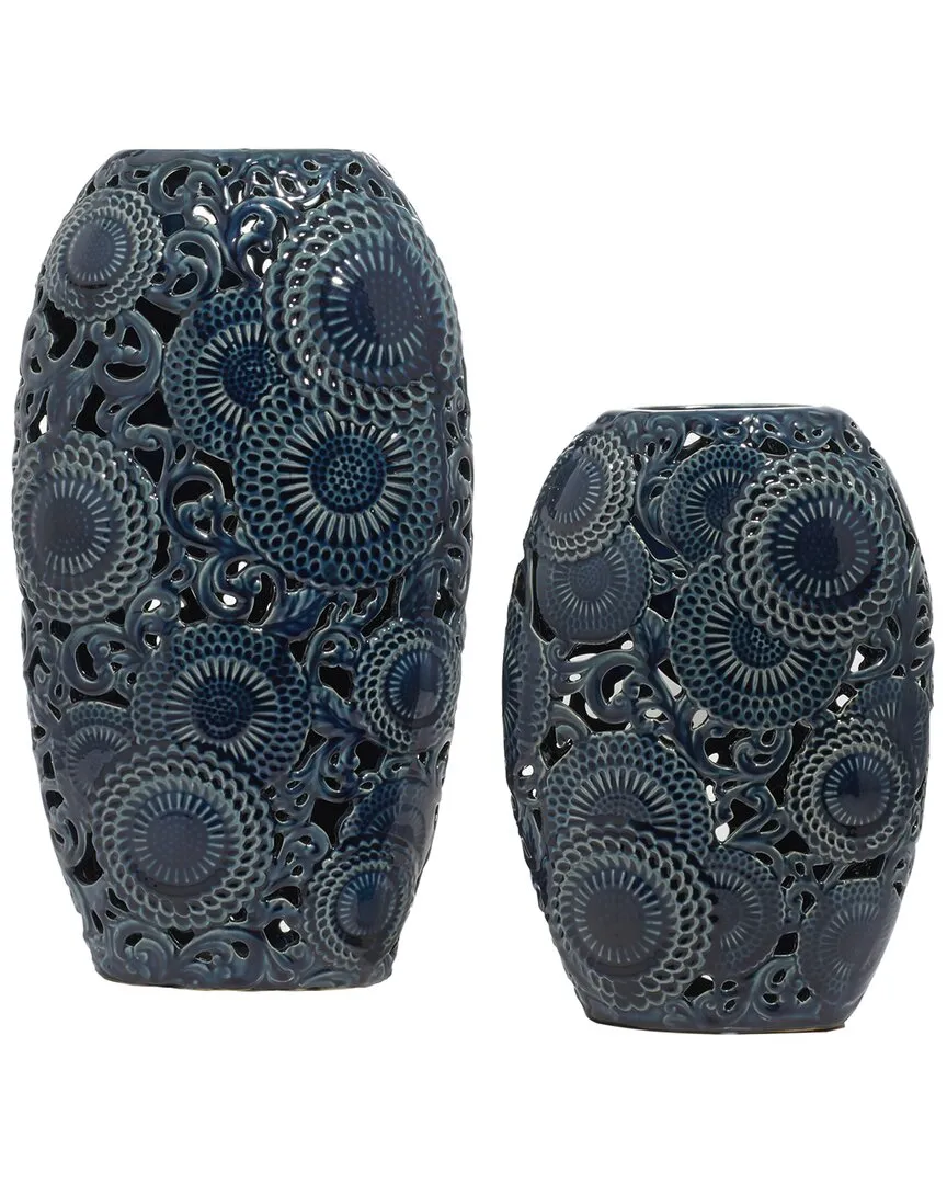 Set of 2 Cylinder Ceramic Vases - Blue