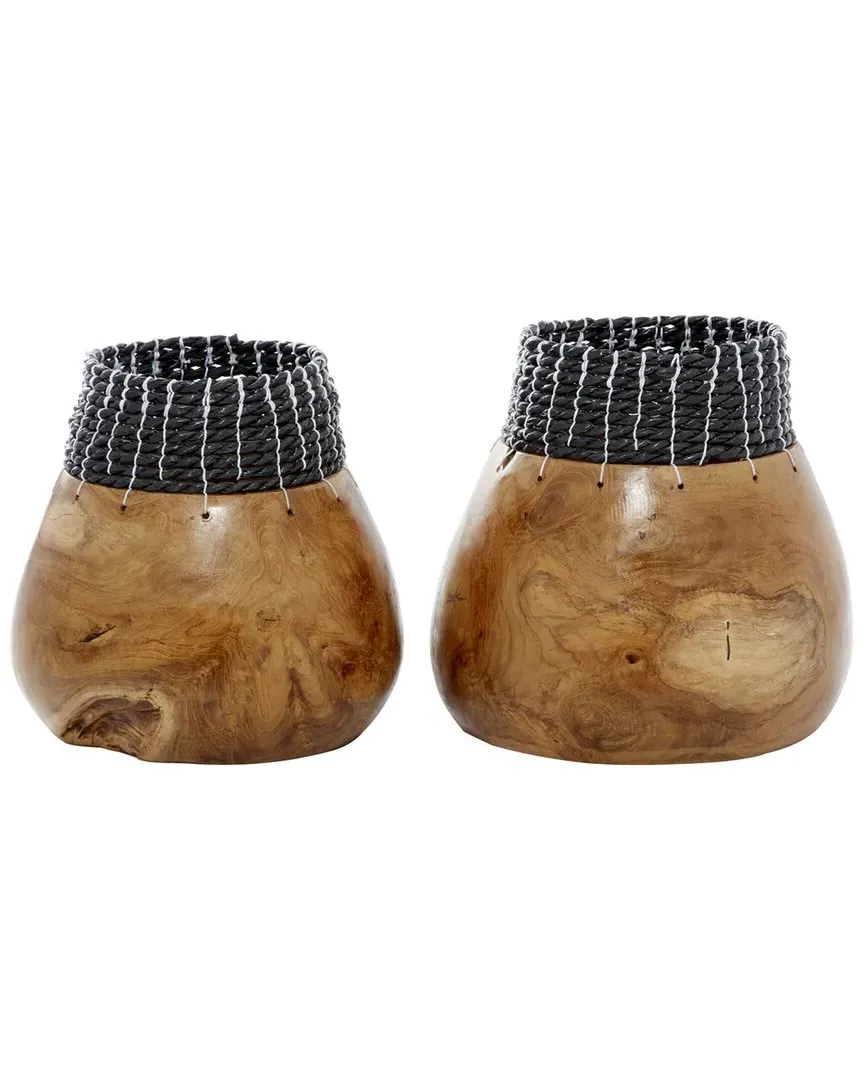 Set of 2 Decorative Vases - Brown Wood, Black Seagrass