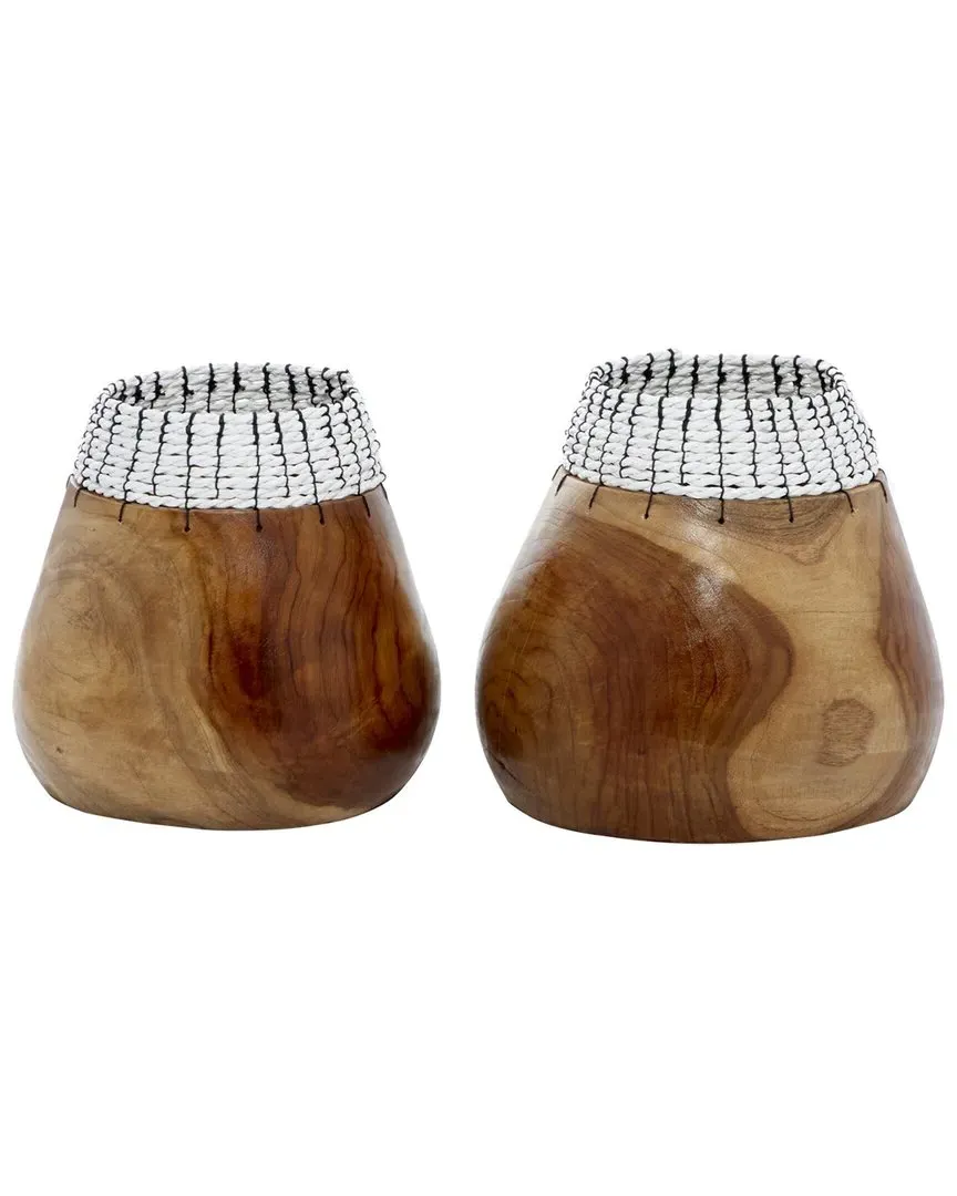 Set of 2 Decorative Vases - Brown Wood, White Seagrass