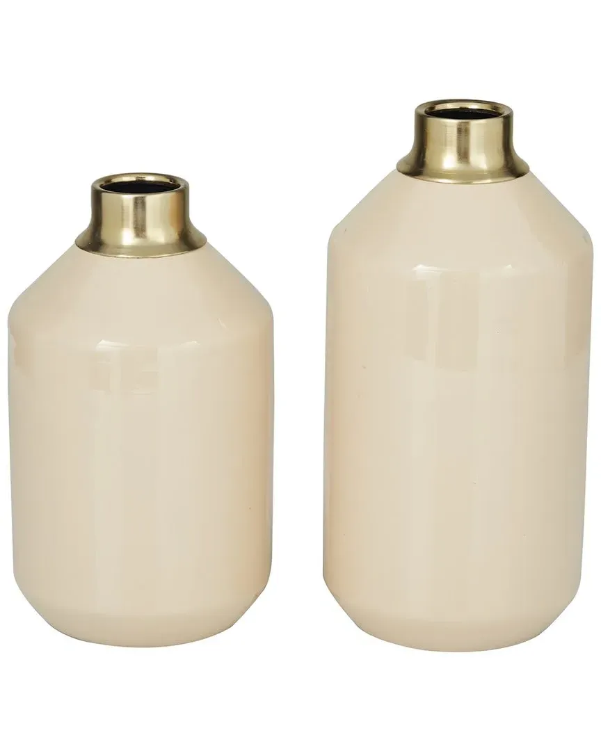 Set of 2 Decorative Vases with Gold Rims - Cream, Metal image