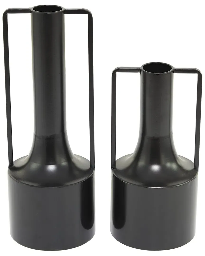 Set of 2 Decorative Vases with Handles - Black, Metal