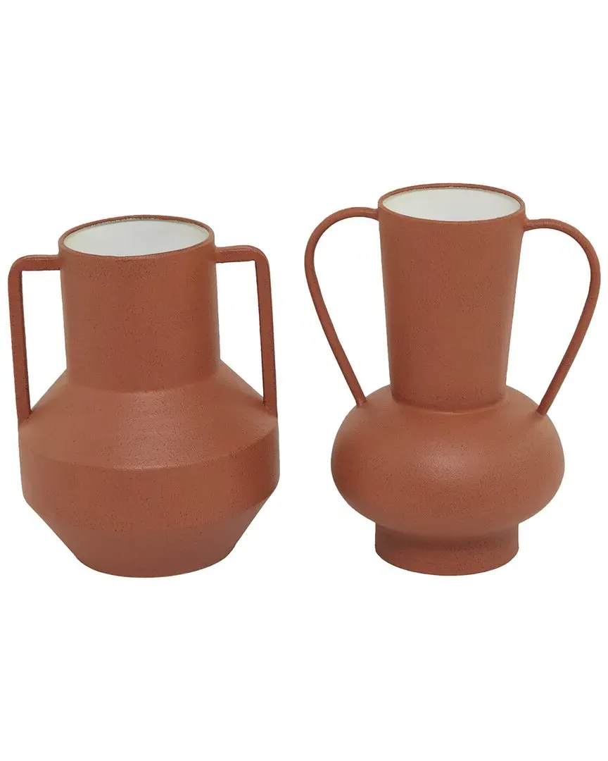 Set of 2 Decorative Vases with Handles - Orange, Metal
