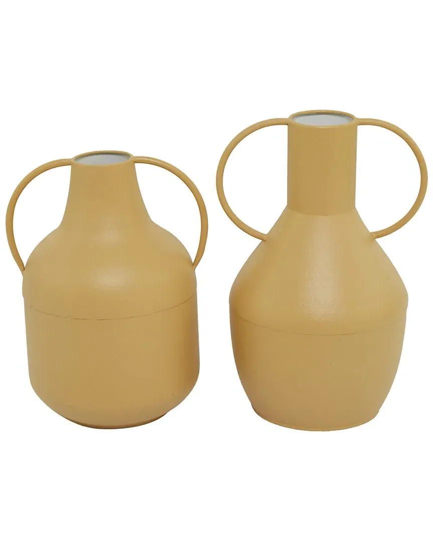 Set of 2 Decorative Vases with Handles - Yellow, Metal