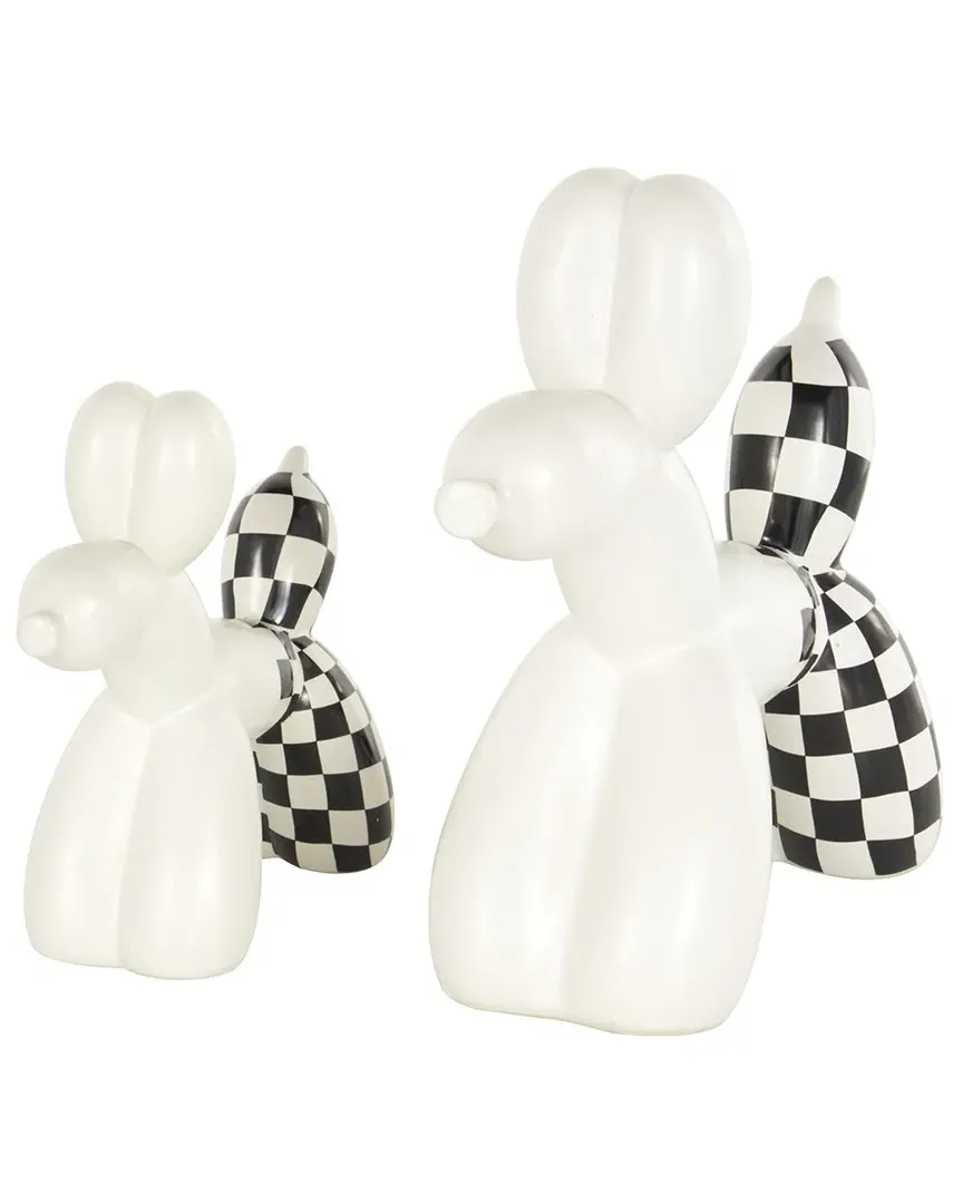 Set of 2 Dog Ceramic Balloon Sculpture with Checkered Accents - White