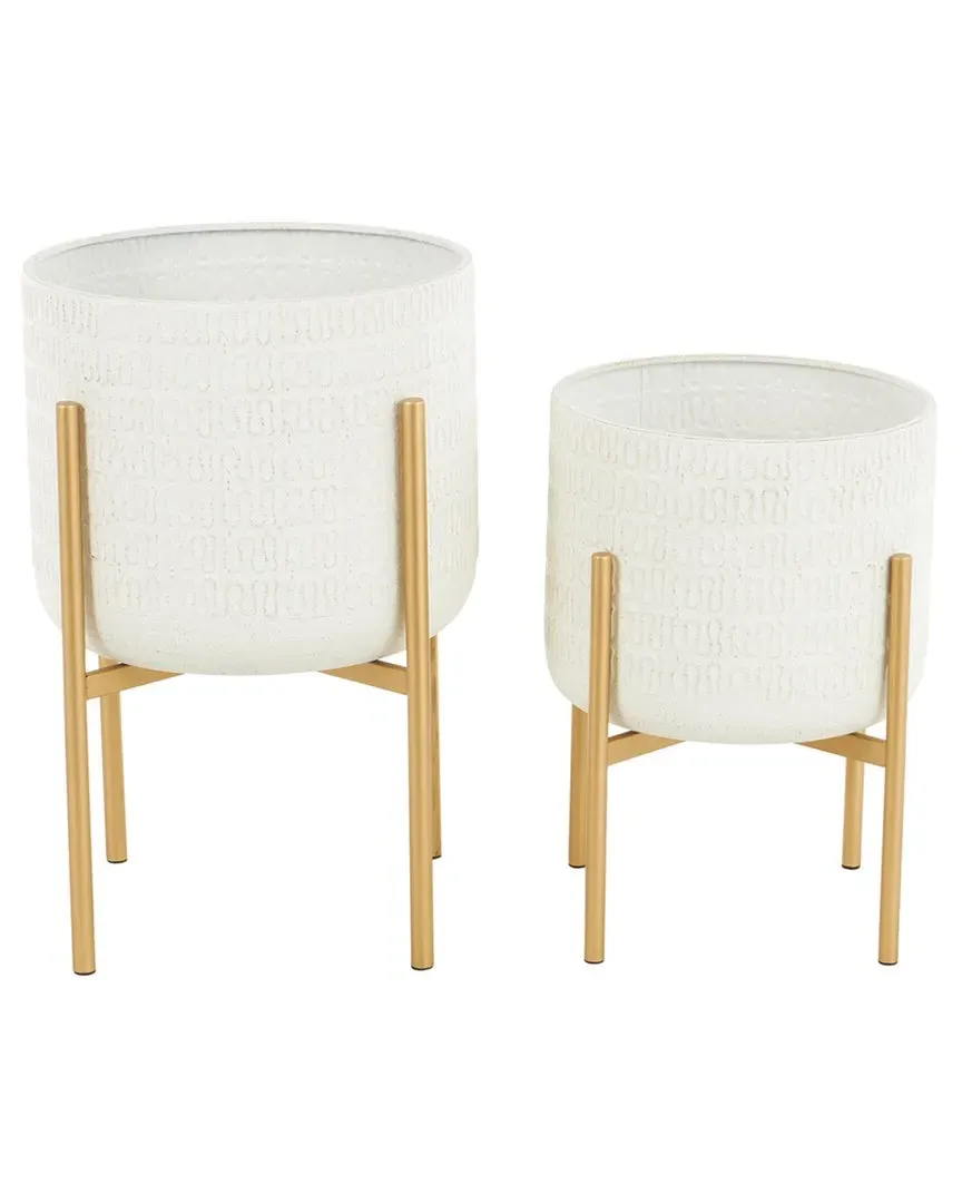 Set of 2 Dome Planters with Gold Stand - White, Iron