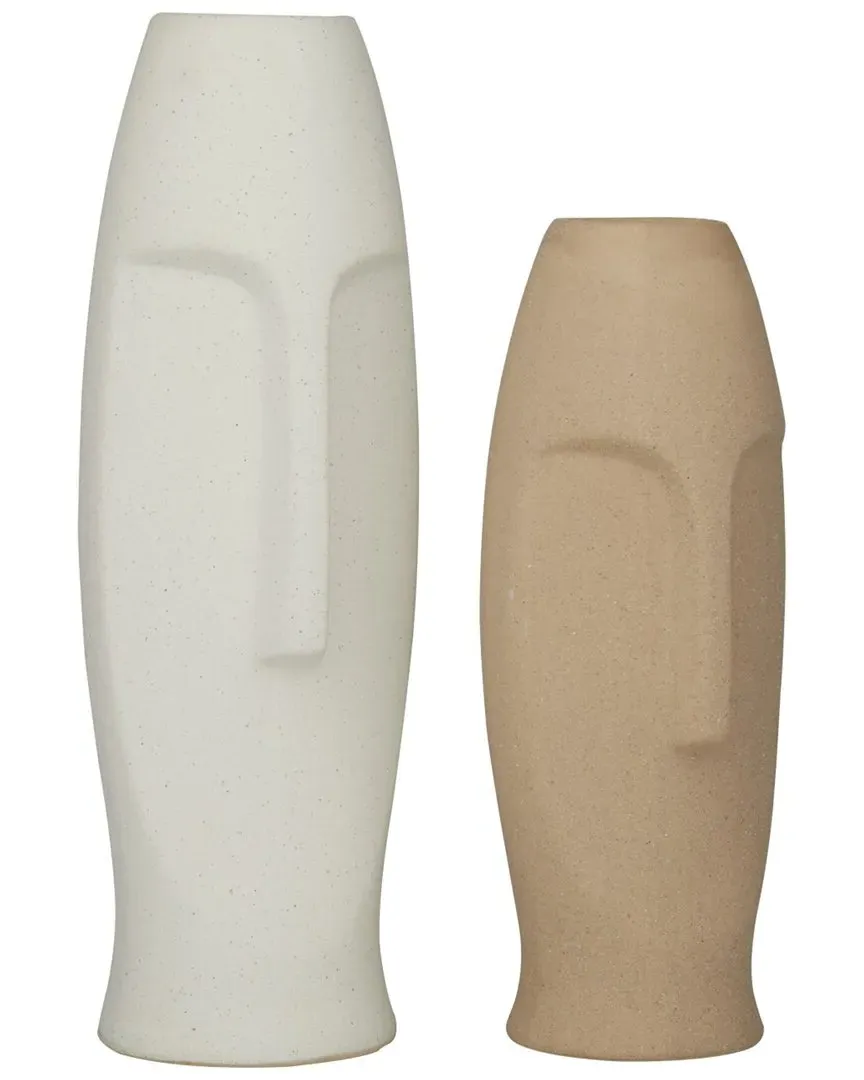 Set of 2 Easter Island Head Decorative Vases - Beige, Ceramic