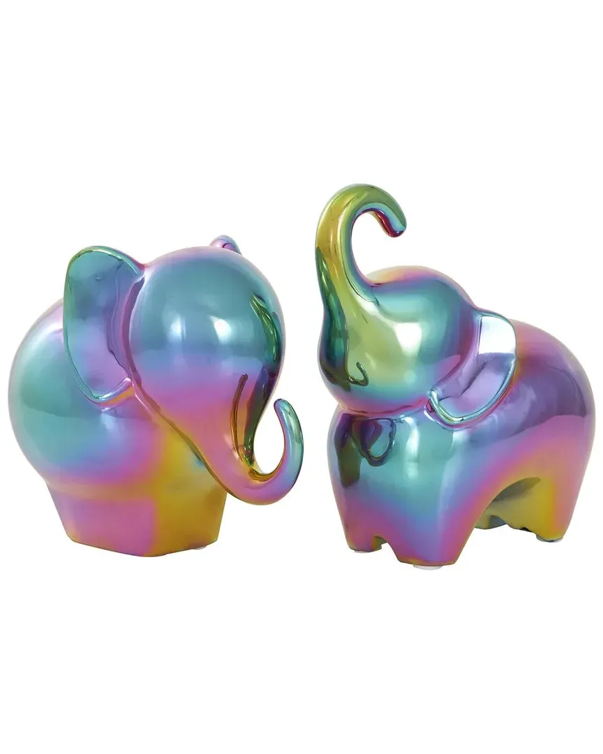 Set of 2 Elephant Ceramic Sculpture - Multicolor image