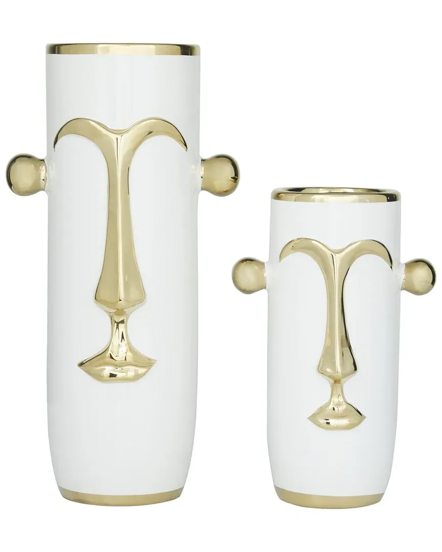 Set of 2 Face Decorative Vases with Gold Details - White image