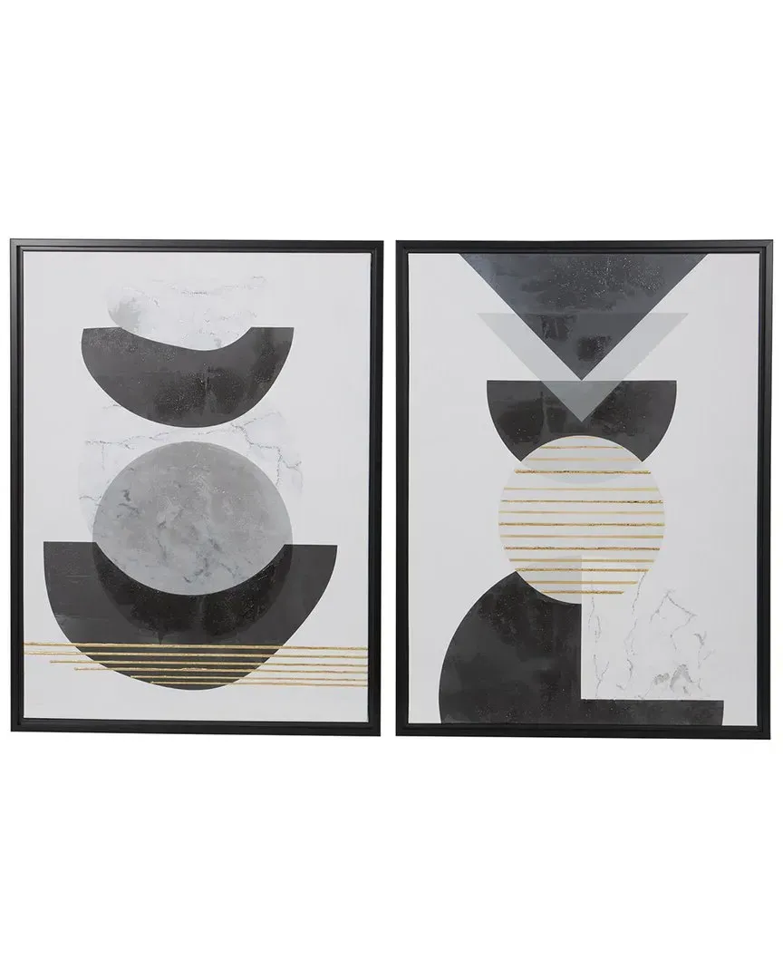 Set of 2 Geometric Canvas Framed Wall Art - White, Gold Foil