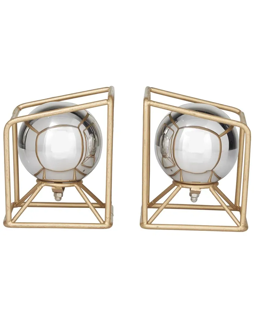 Set of 2 Geometric Orb Bookends with Base - Silver, Stainless Steel
