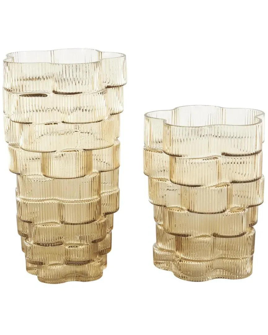 Set of 2 Glass Ribbed Stacked Flower Vases - Brown