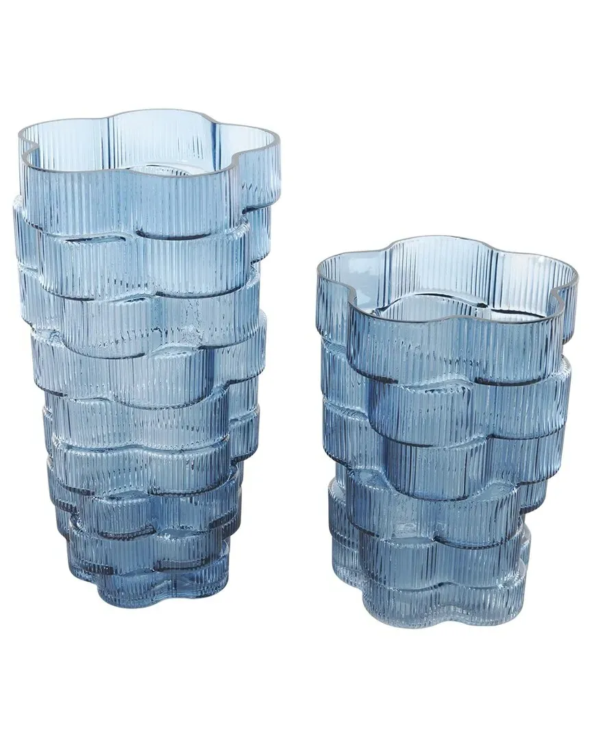 Set of 2 Glass Stacked Flower Decorative Vases - Blue