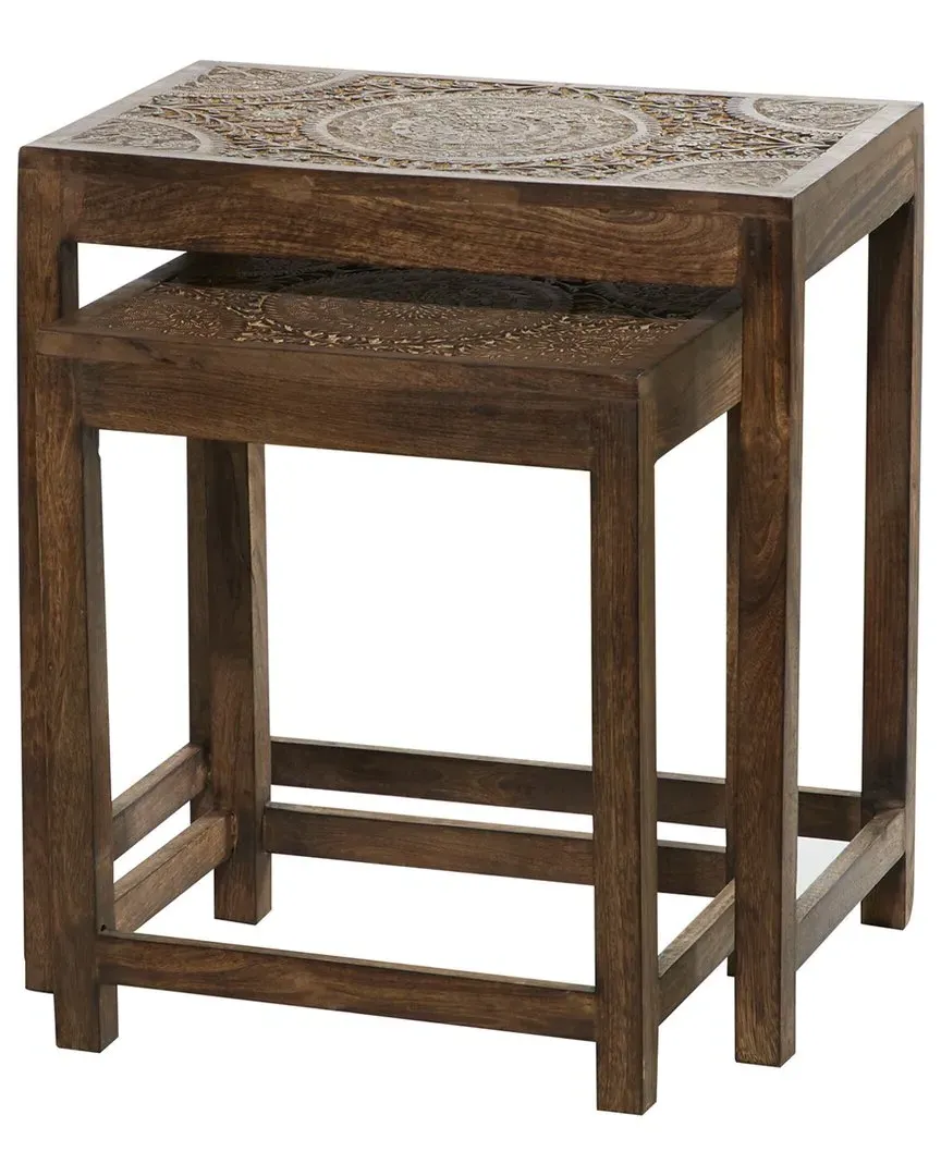 Set of 2 Handmade Carved Accent Tables - Brown, Mango Wood