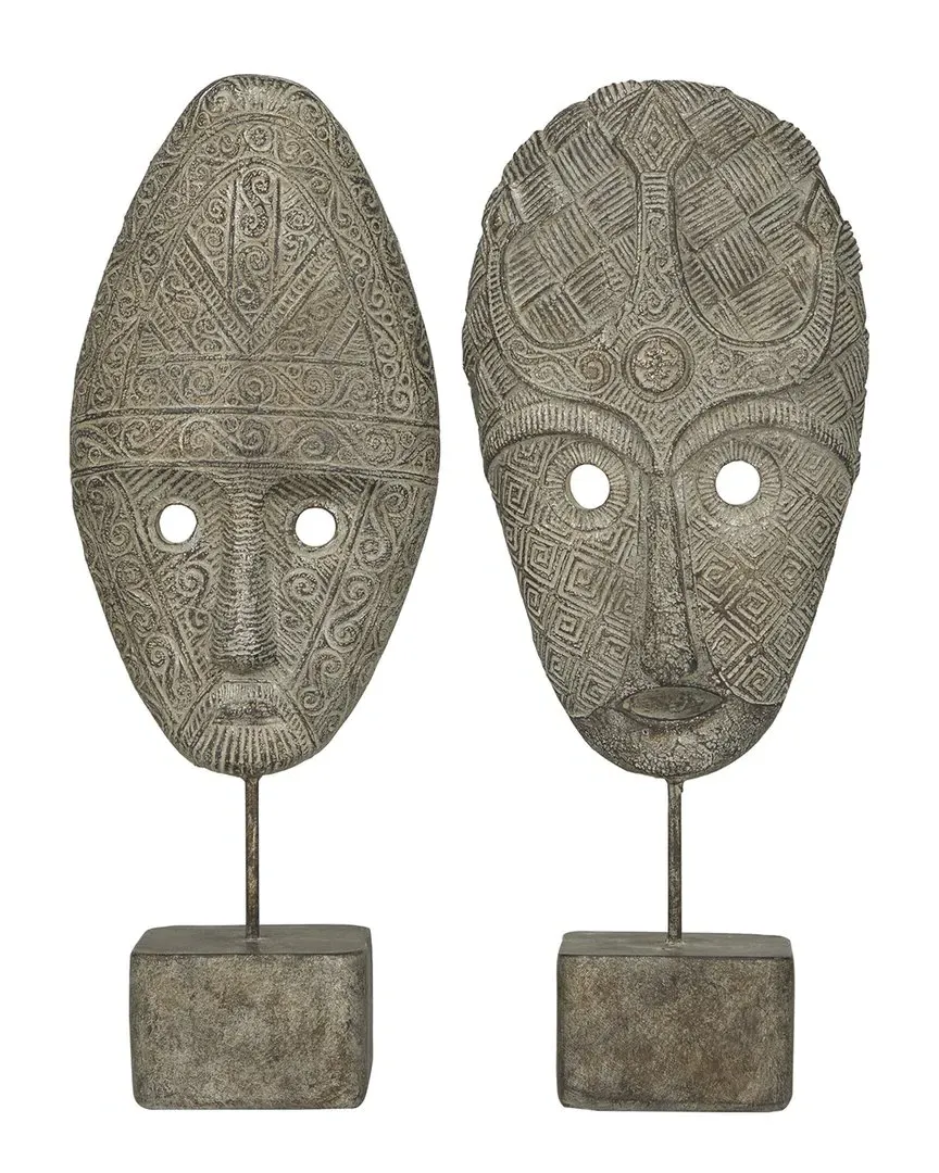 Set of 2 Handmade Mask Sculptures - Grey, Polystone
