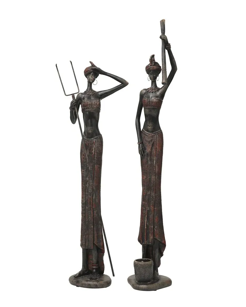 Set of 2 Handmade Tall African Women Sculptures - Red image