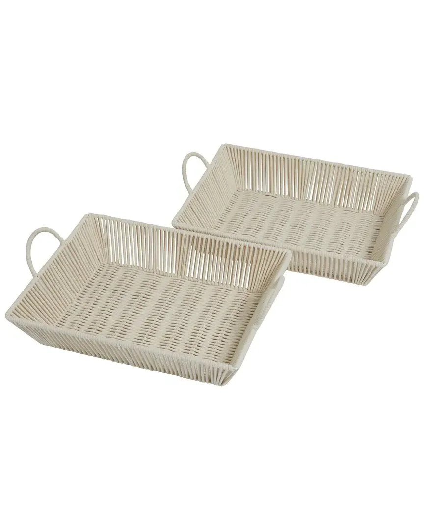 Set of 2 Handmade Woven Decor Trays with Handles - Cream, Cotton image