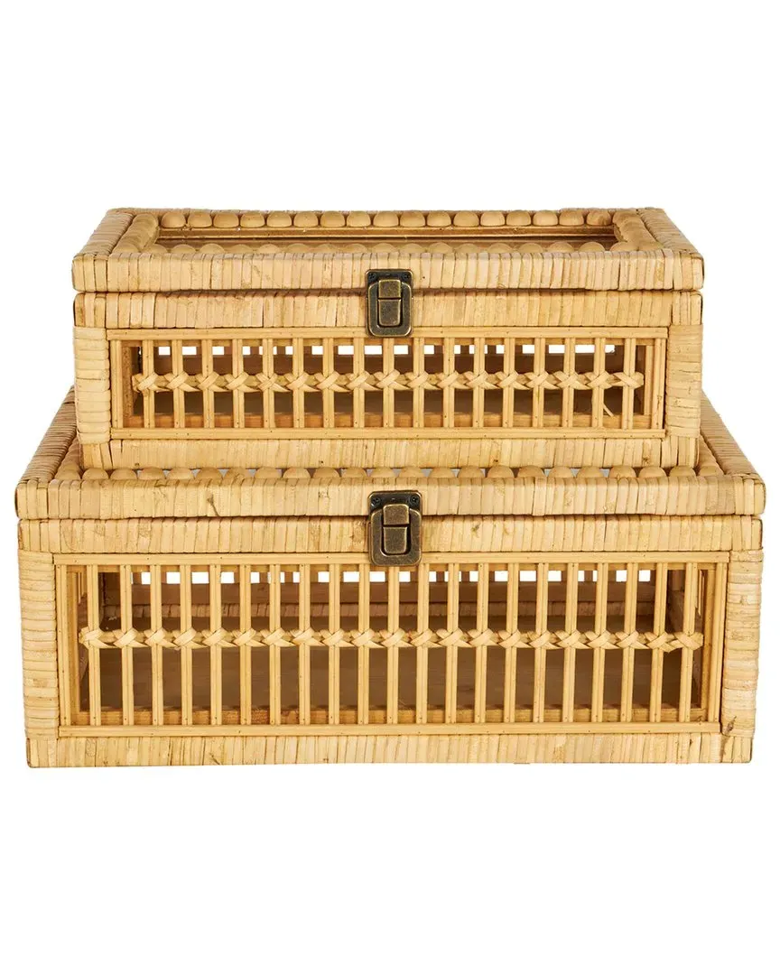Set of 2 Handmade Woven Storage Boxes with Glass Top - Brown, Rattan