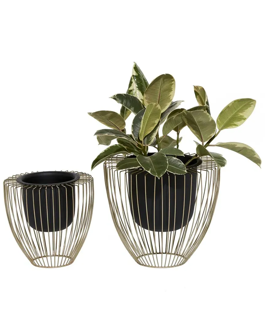 Set of 2 Metal Planters with Gridded Stands - Black