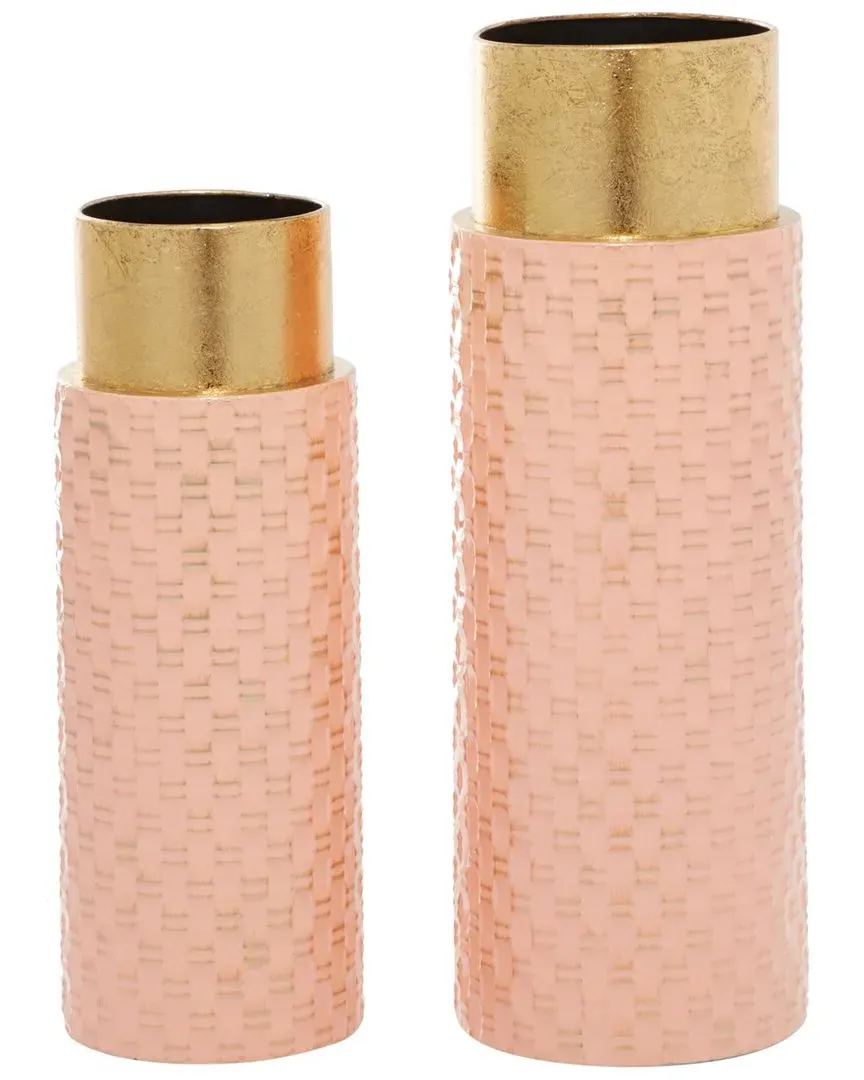 Set of 2 Metal Weave Vases with Gold Top - Pink image
