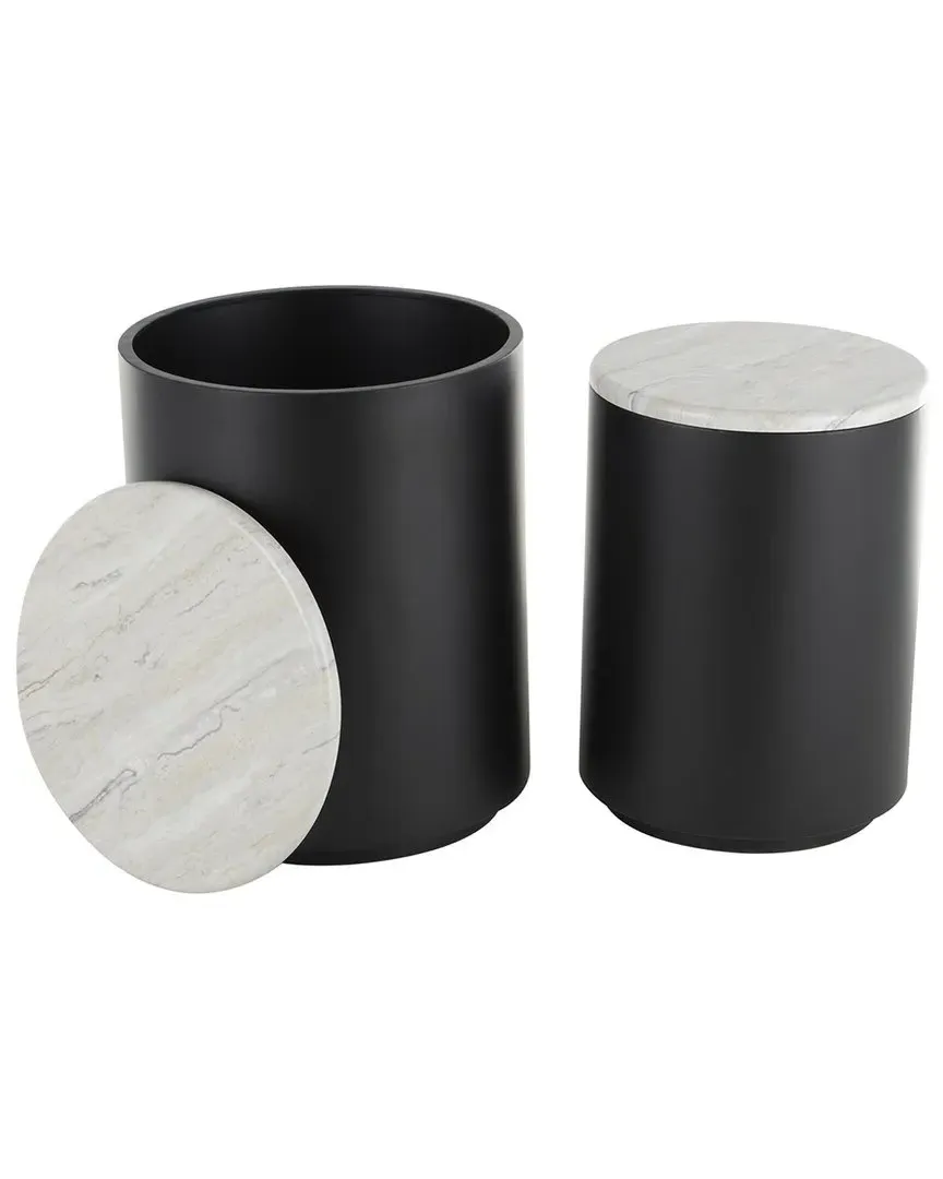 Set of 2 Nesting Accent Tables with Faux Marble Top - Black