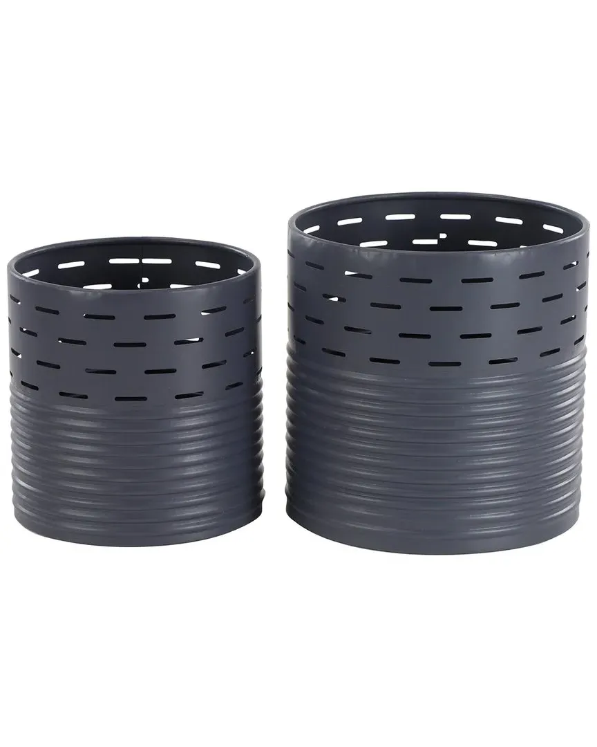 Set of 2 Pierced Round Planters - Blue, Iron