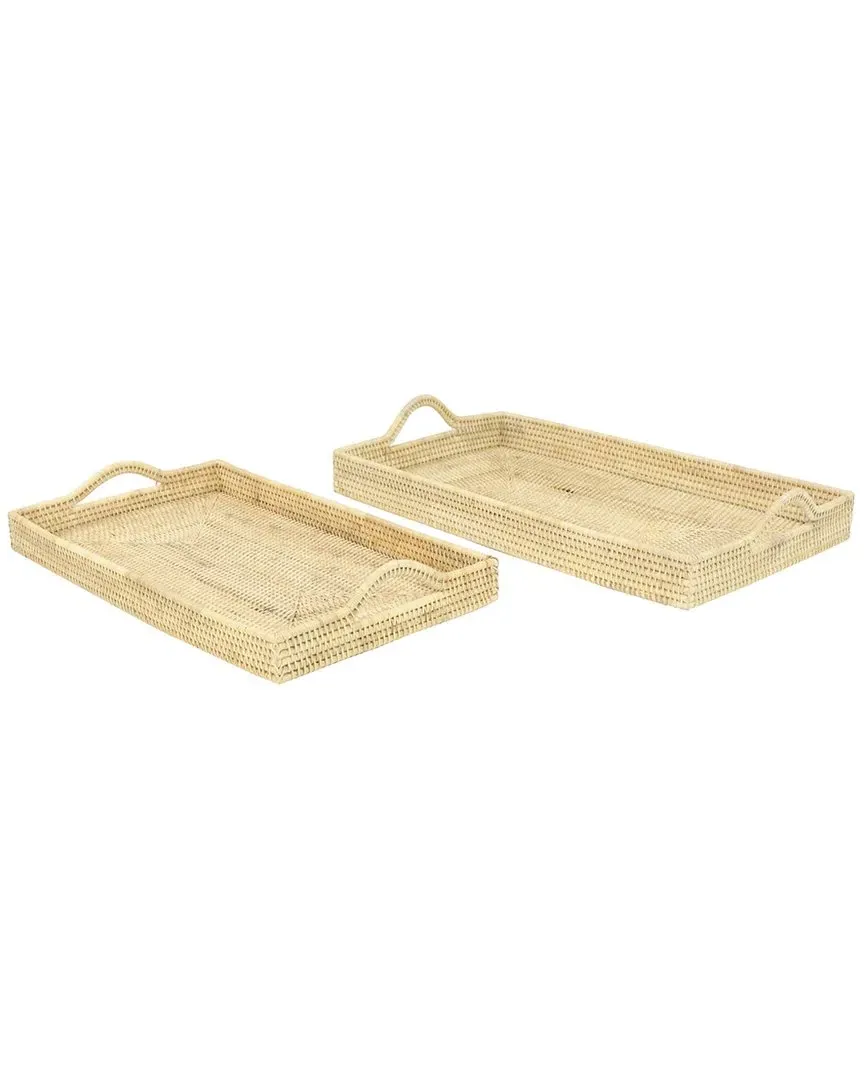 Set of 2 Rectangle Rattan Trays - Light Brown