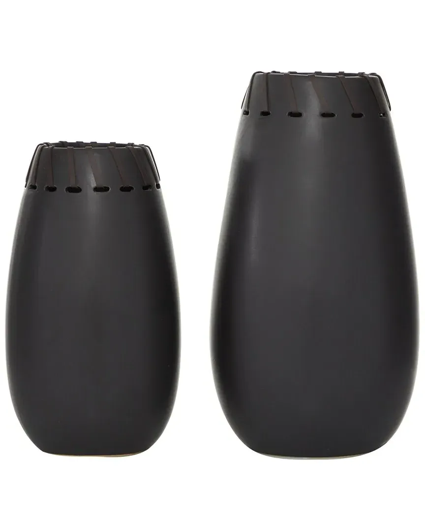 Set of 2 Round Ceramic Vases with Cut Out Patterns - Black image
