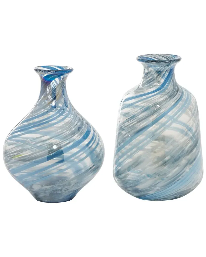 Set of 2 Round Glass Handmade Blown Vases - Blue image