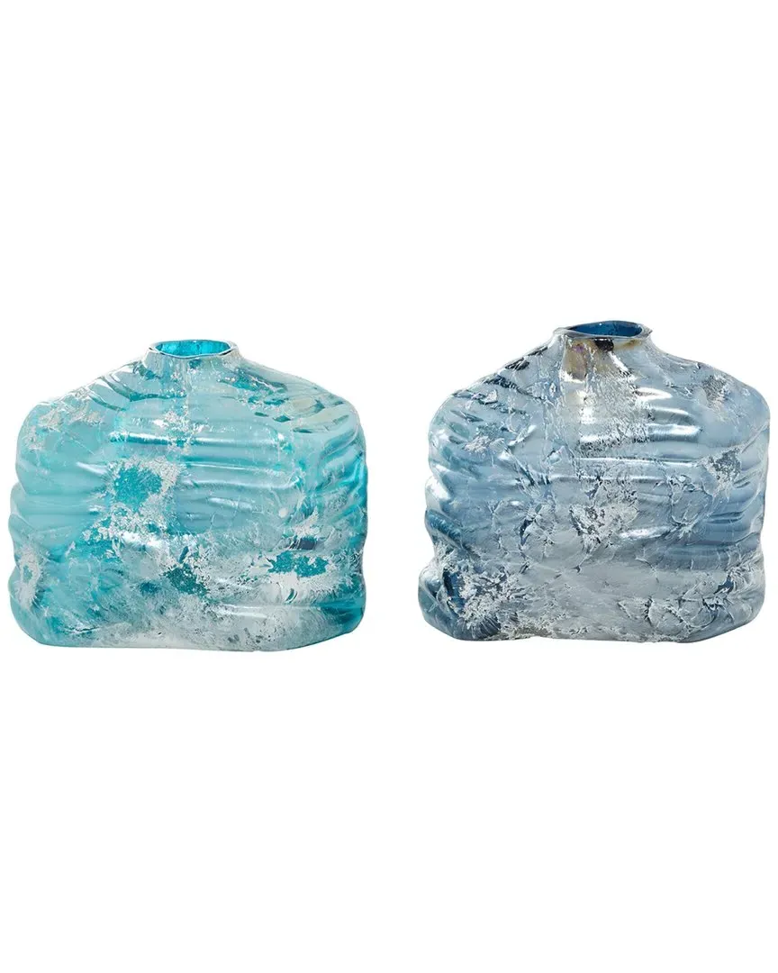 Set of 2 Round Glass Handmade Blown Vases - Blue