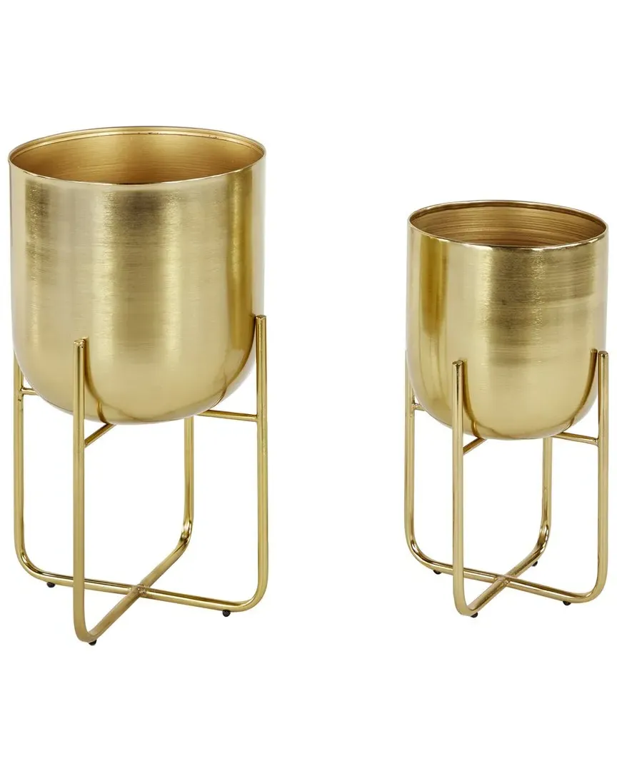 Set of 2 Round Planters with Metal Stand - Gold, Iron image
