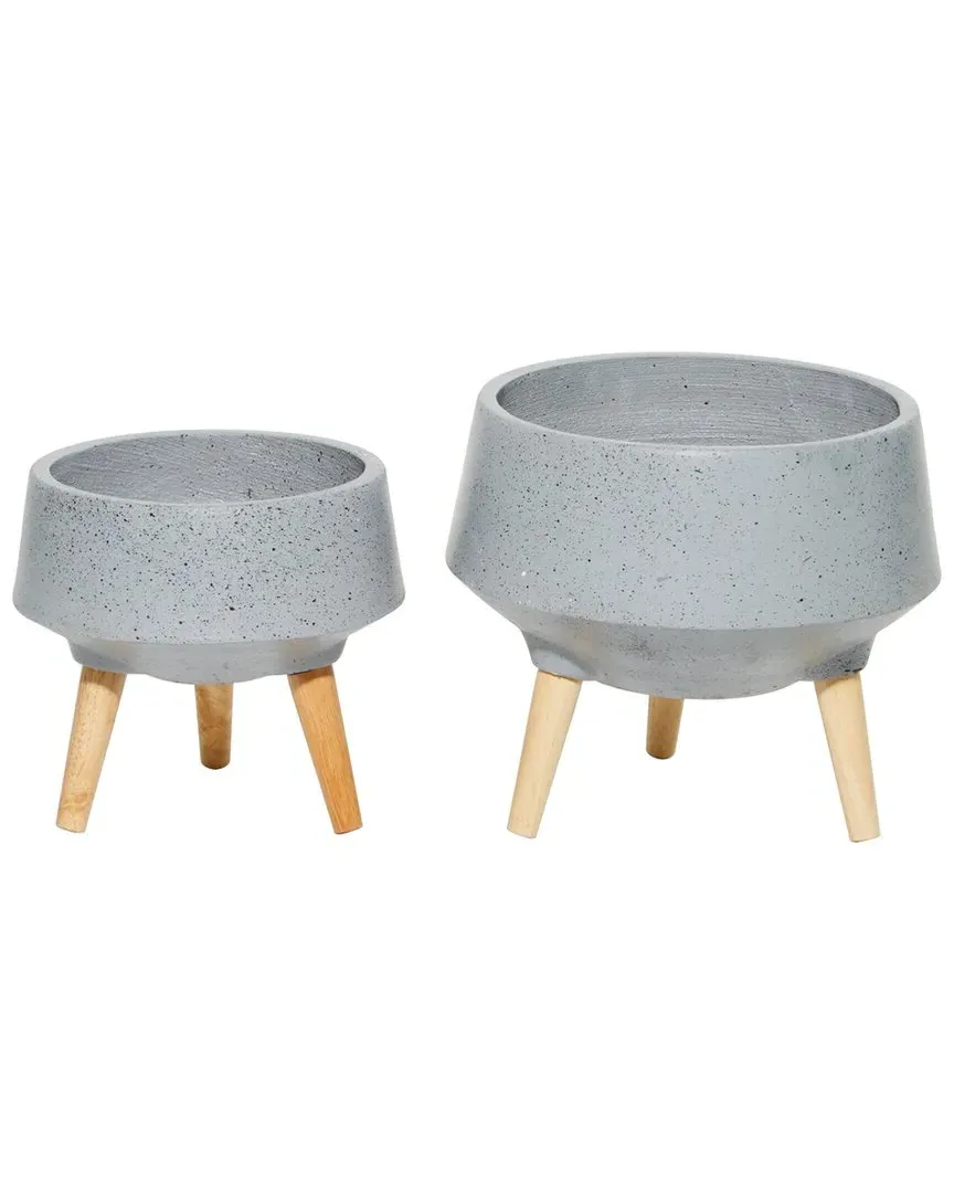 Set of 2 Round Planters with Tripod Stand - Grey, Wood