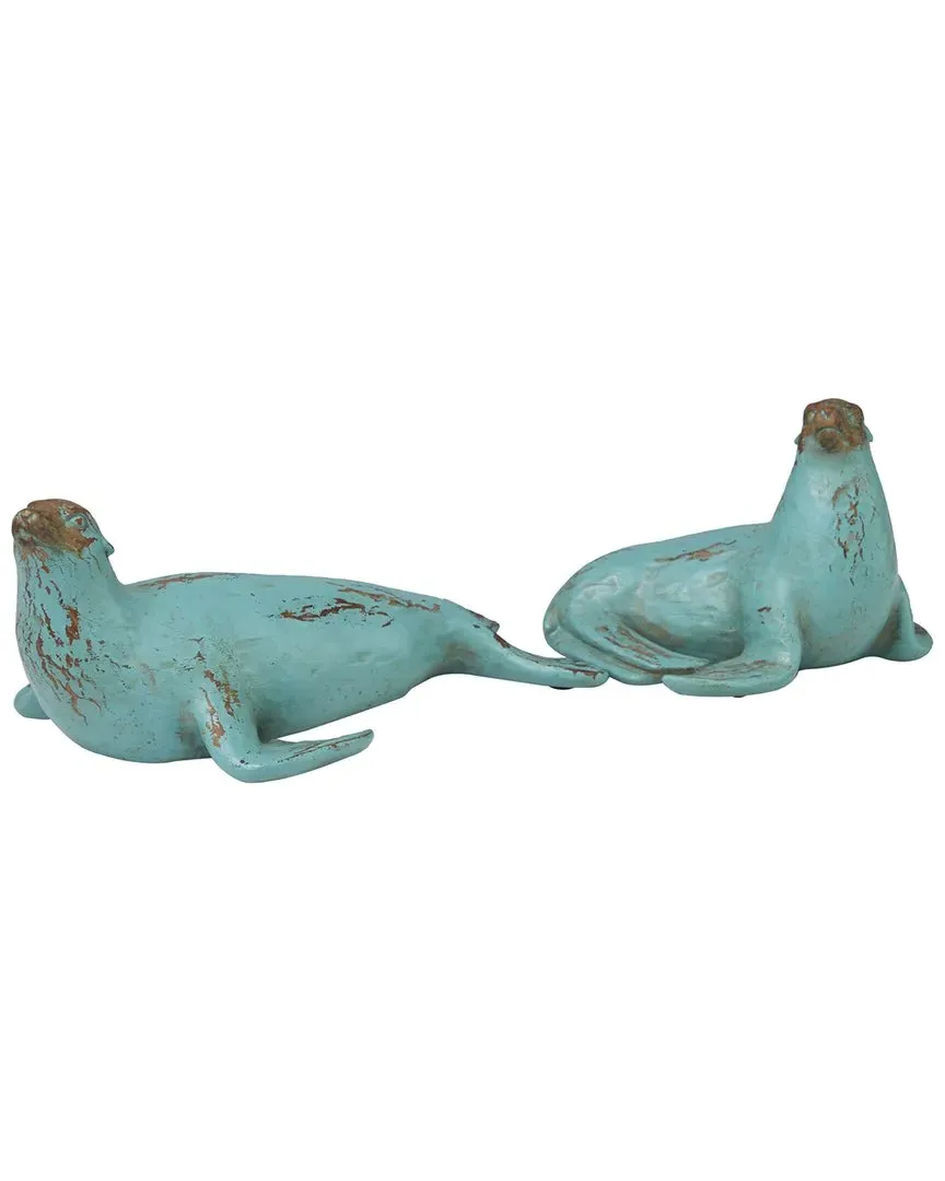 Set of 2 Sea Lion Sculptures - Teal, Polystone