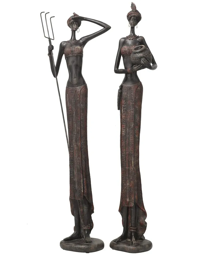 Set of 2 Tall African Women Sculptures - Red, Polystone
