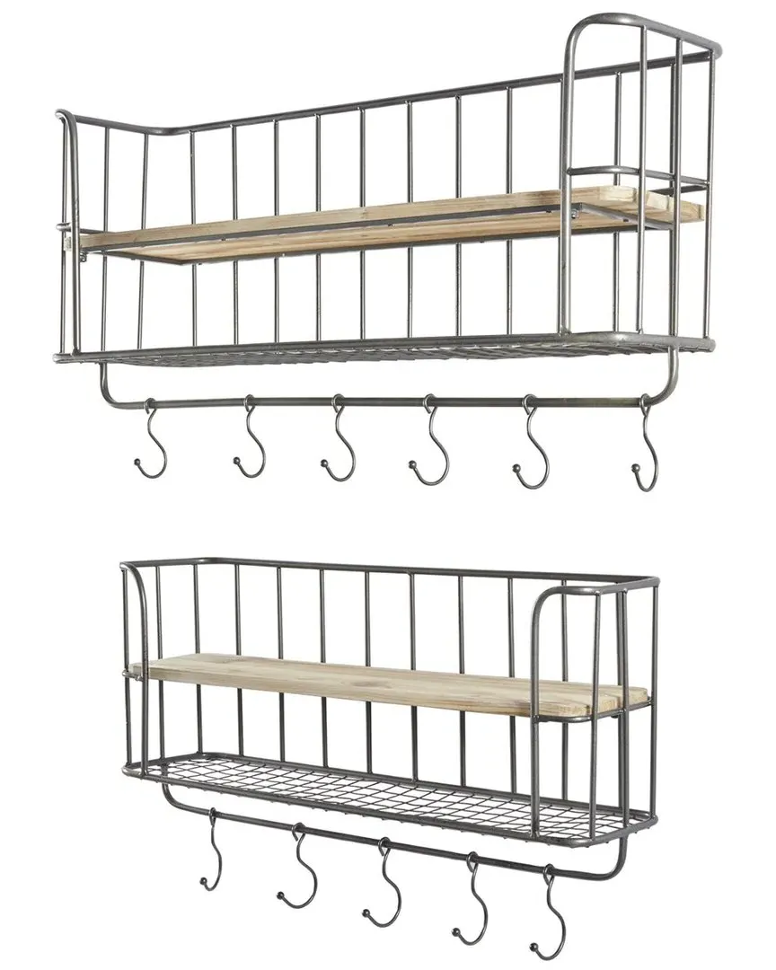 Set of 2 Wall Hooks with Shelves - Grey, Iron