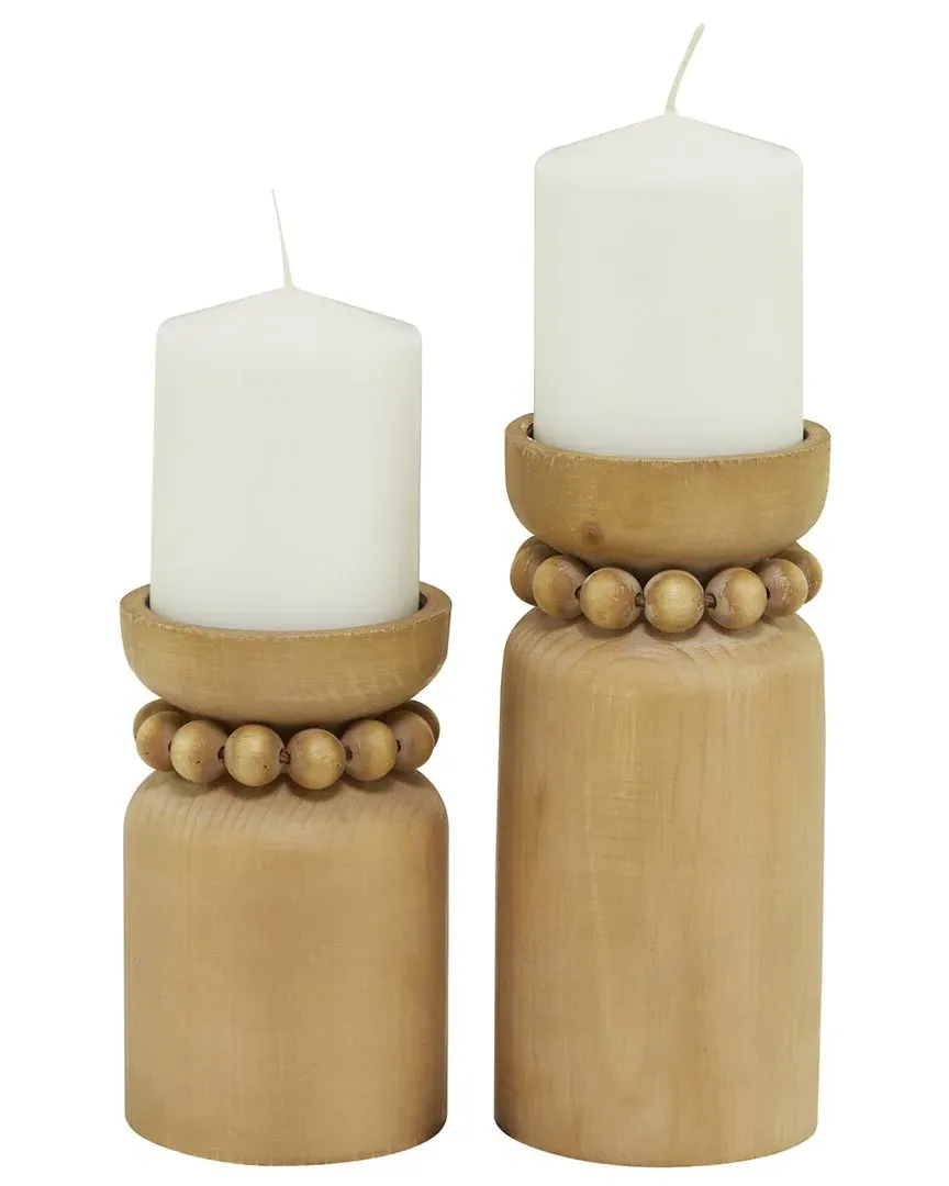 Set of 2 Wood Beaded Pillar Candle Holders - Brown image