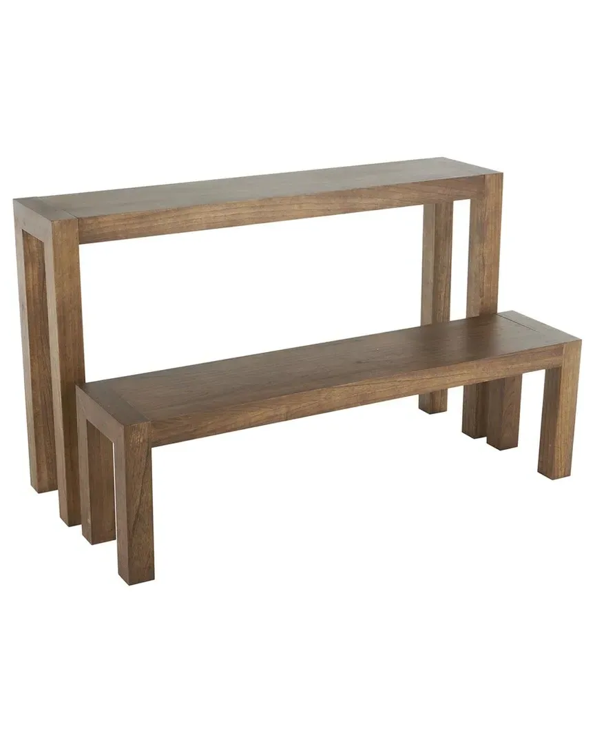 Set Of 2 Wood Console Table With Bench - Brown, Pine