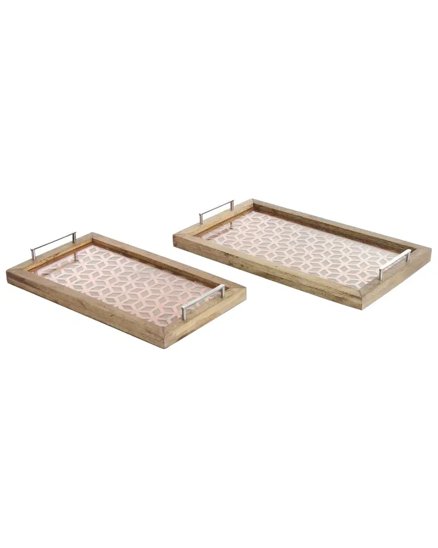 Set of 2 Wood Metal Glass Trays - Stained, Mango Wood