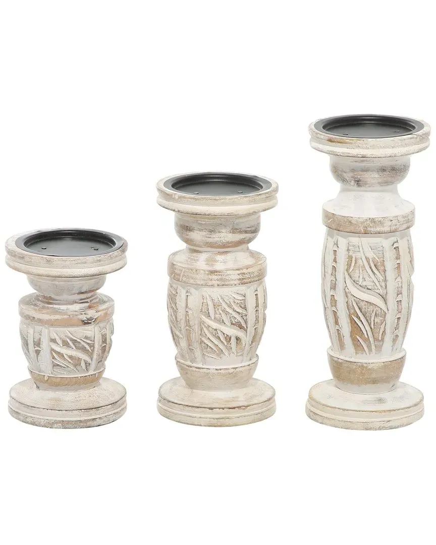 Set of 3 Abstract Candle Holders - White, Wood image