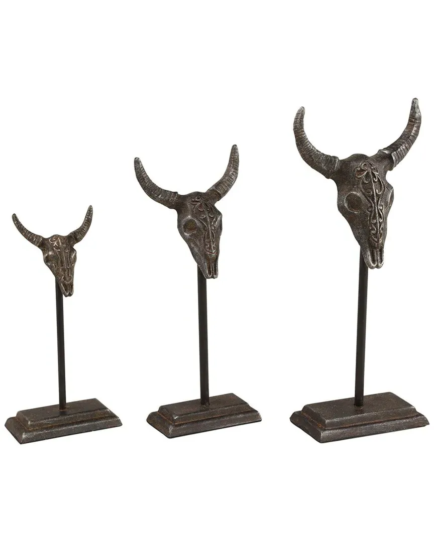 Set of 3 Bull Head Sculptures - Gray, Metal image