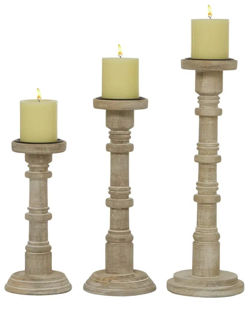 Set of 3 Candle Holders - Brown, Metal & Wood