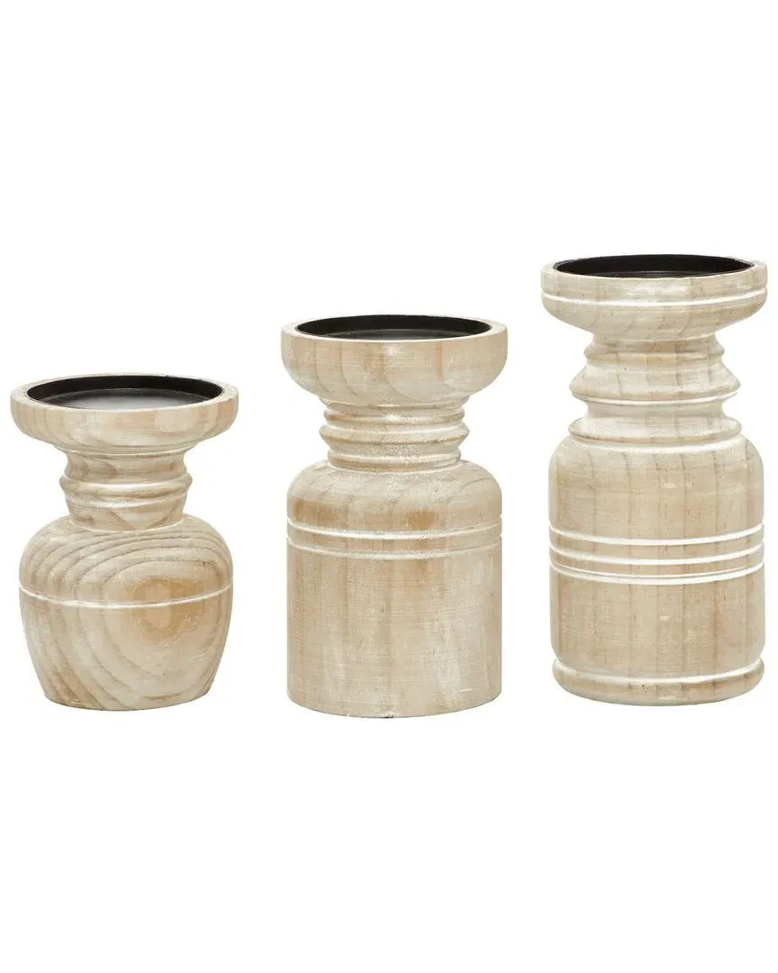 Set of 3 Candle Holders - Brown, Wood