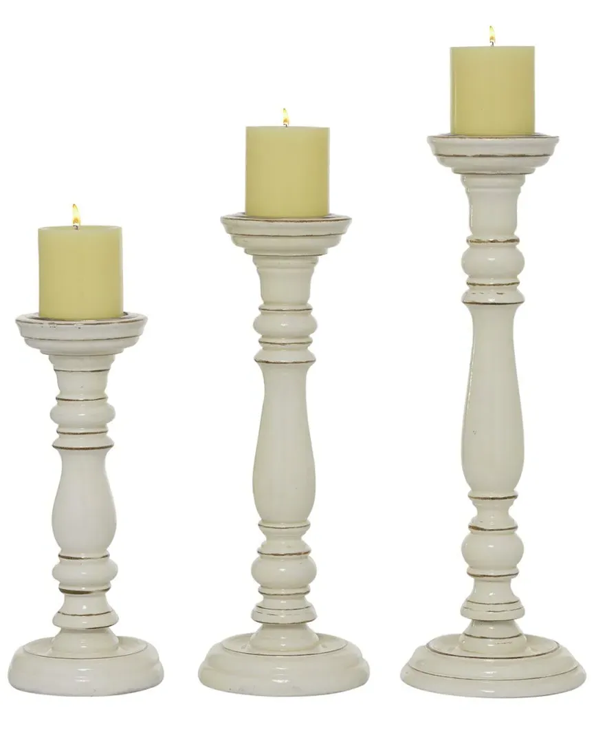 Set of 3 Candle Holders - White, Wood