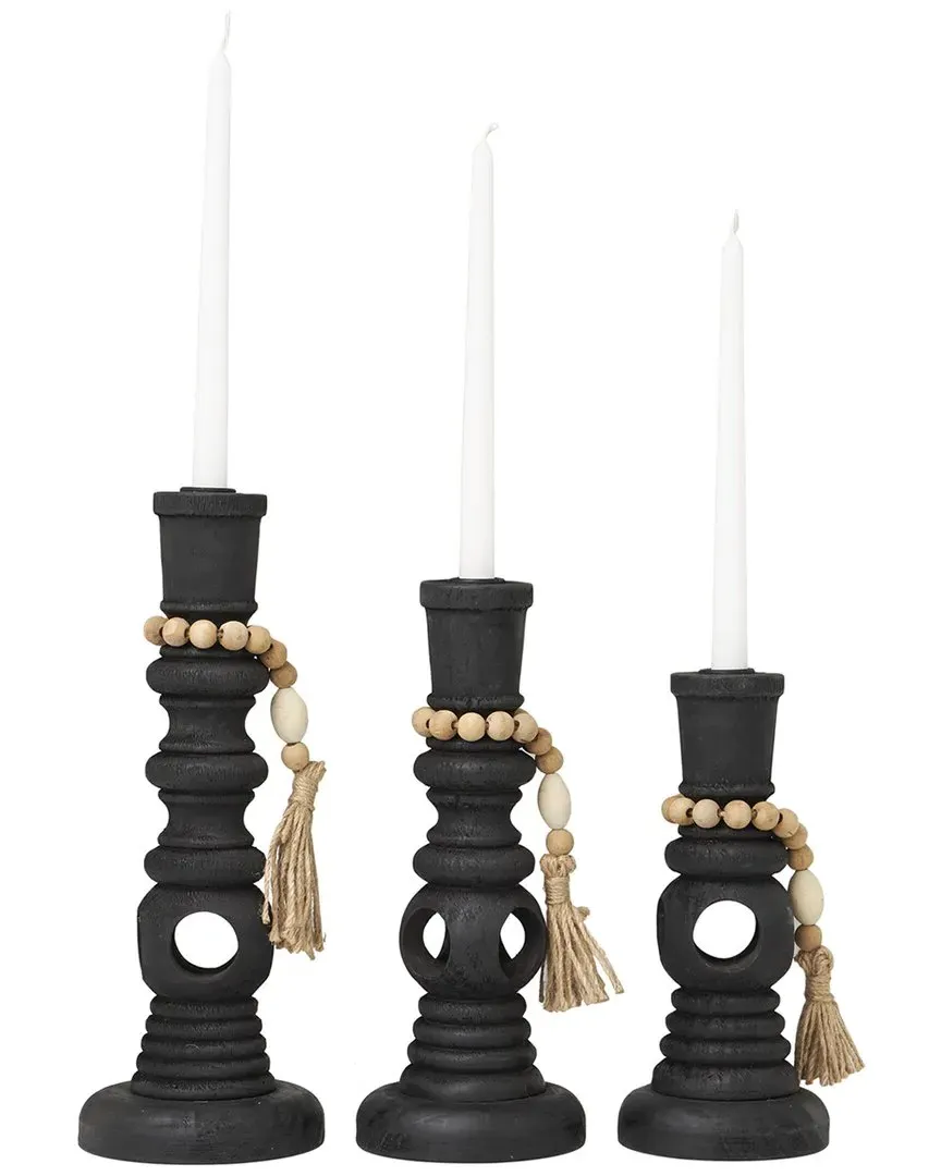 Set of 3 Candle Holders with Beaded Garland - Black, Pine image