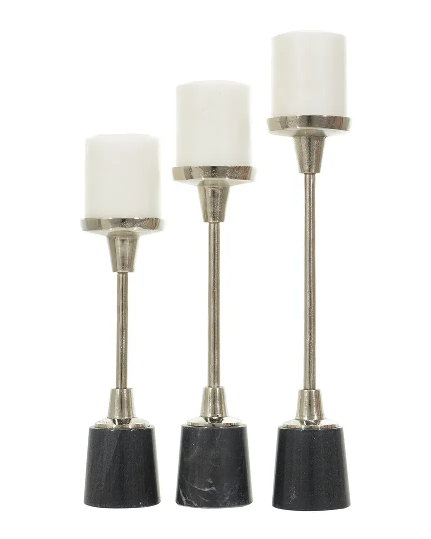 Set of 3 Candle Holders with Marble Base - Silver, Aluminum