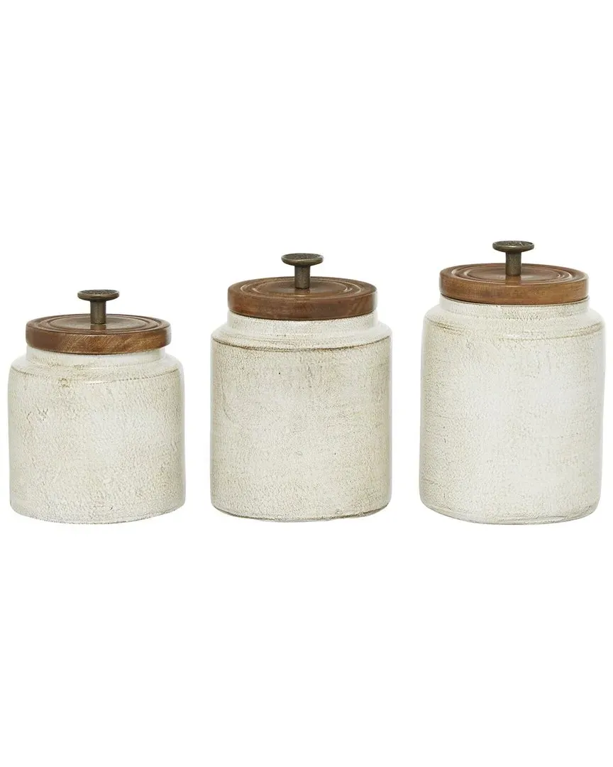 Set of 3 Ceramic Decorative Jars with Wood Lids - White