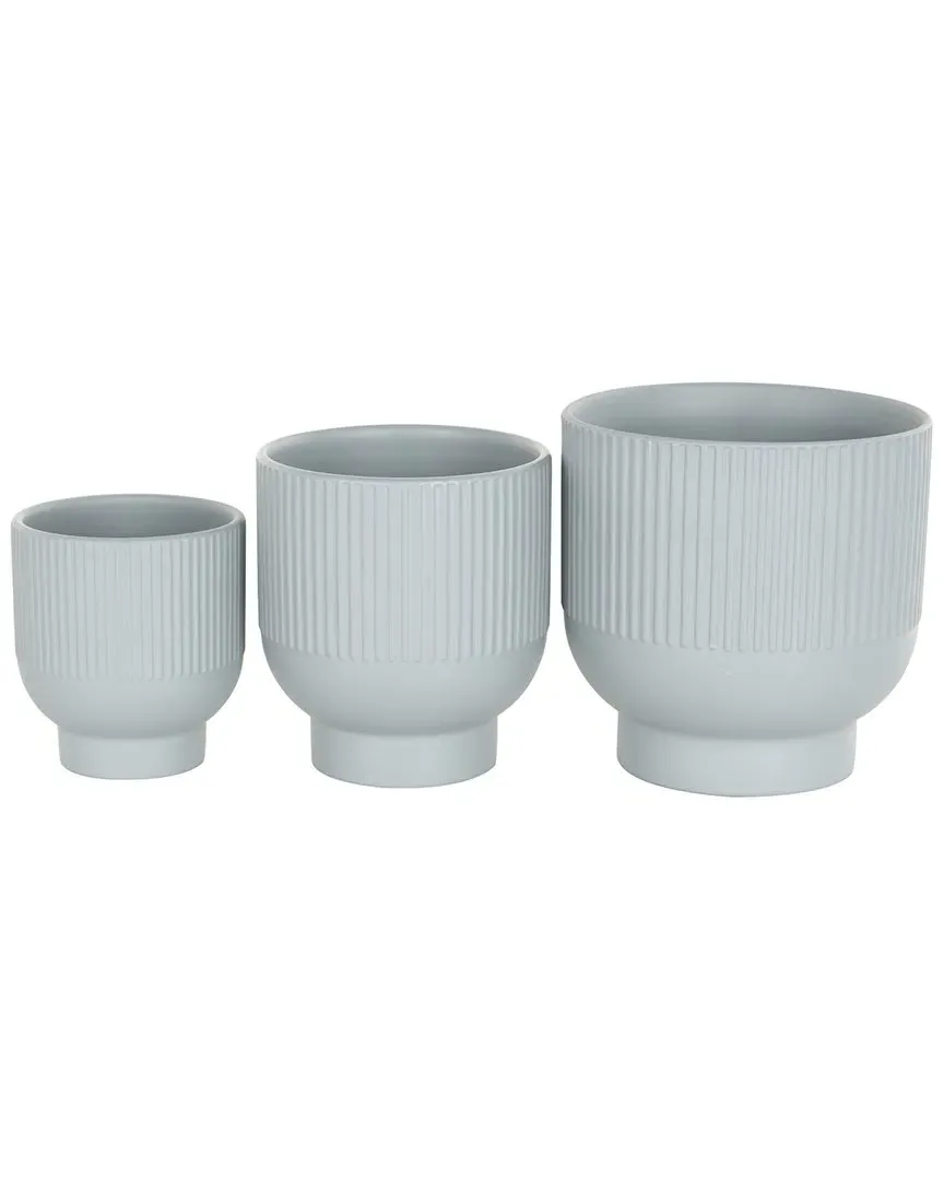 Set of 3 Ceramic Grooved Planters - Light Blue