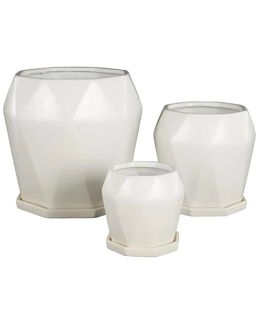 Set of 3 Ceramic Patterned Planters - White