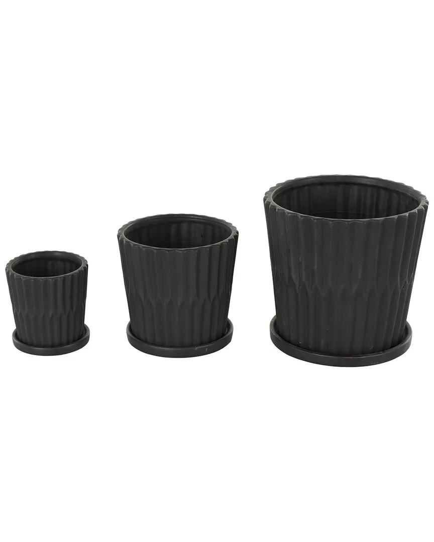 Set of 3 Ceramic Ribbed Indoor/Outdoor Planters - Black